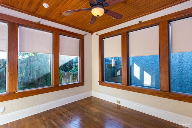 spare room featuring crown molding, wood-type flooring, wooden ceiling, and ceiling fan