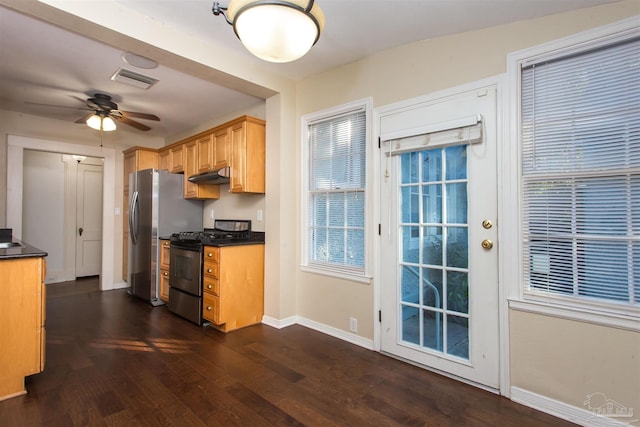 kitchen featuring ceiling fan, appliances with stainless steel finishes, and dark hardwood / wood-style flooring