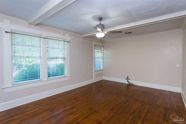 spare room with beamed ceiling, plenty of natural light, ornamental molding, and hardwood / wood-style flooring