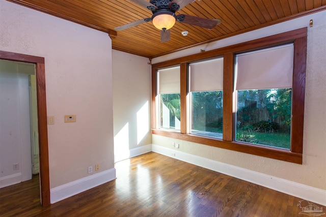 empty room featuring hardwood / wood-style floors, ornamental molding, wooden ceiling, and ceiling fan