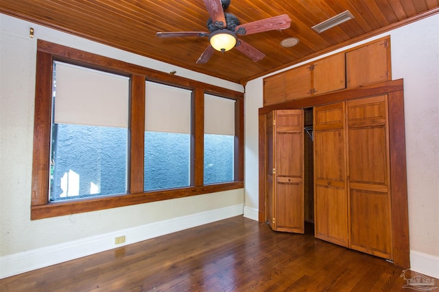 spare room featuring crown molding, wood ceiling, dark hardwood / wood-style floors, and ceiling fan