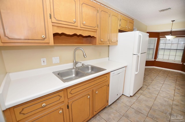kitchen with white appliances, decorative light fixtures, light countertops, open shelves, and a sink