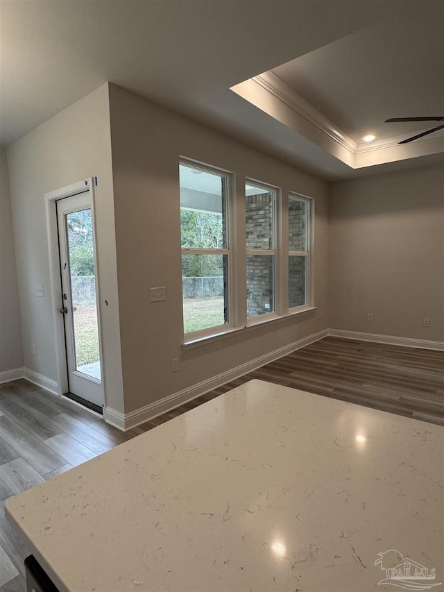 empty room with ornamental molding, plenty of natural light, dark hardwood / wood-style flooring, and a raised ceiling