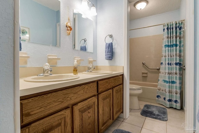 6028 Laurelwood Dr, Milton, FL 32570 - full bath featuring toilet, tile patterned flooring, double vanity, and shower / tub combo with curtain