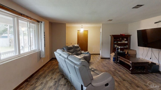 living room with dark wood-type flooring