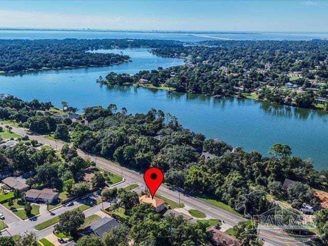 birds eye view of property featuring a water view