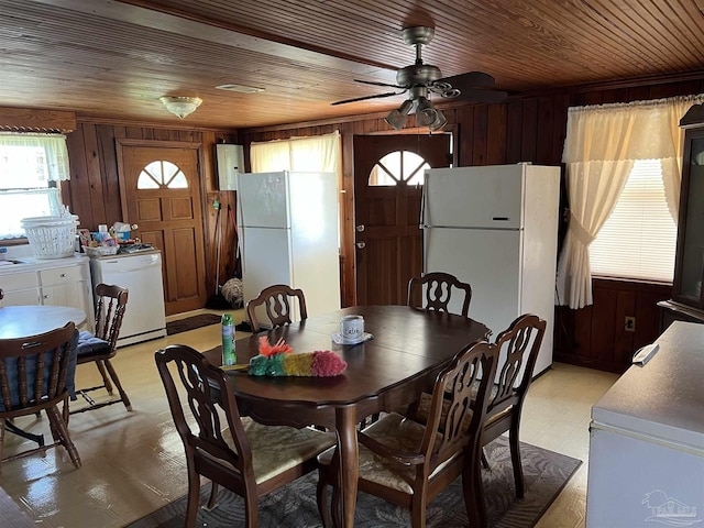 dining area with wood ceiling, a healthy amount of sunlight, and wooden walls