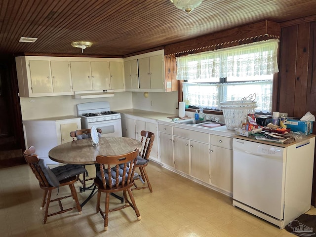 kitchen with wood ceiling, white appliances, and sink