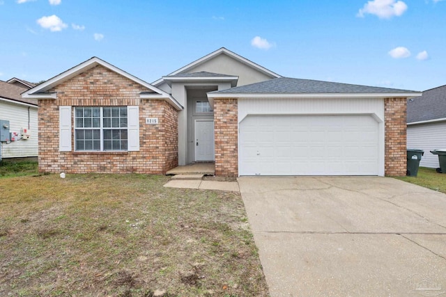 ranch-style home with a front lawn and a garage