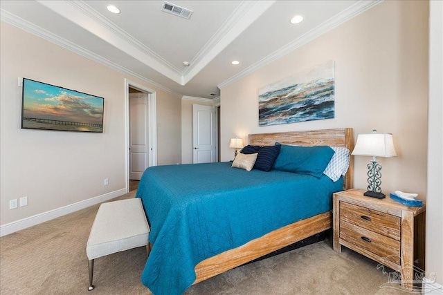 bedroom with carpet floors, recessed lighting, a raised ceiling, visible vents, and baseboards