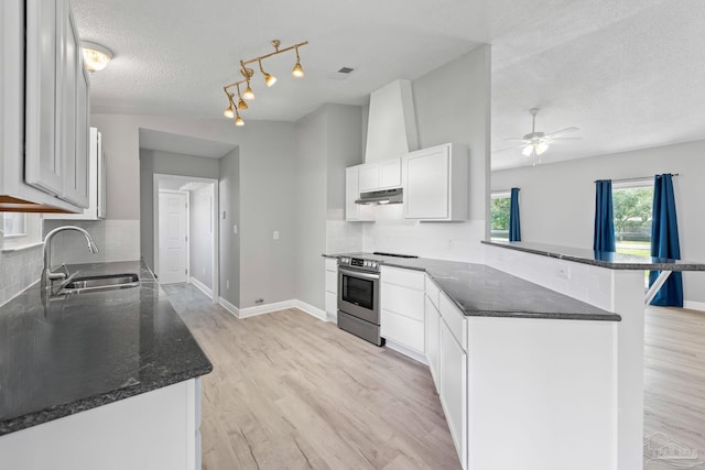 1548 Joseph Cir, Gulf Breeze, FL 32563 - kitchen with under cabinet range hood, light wood-type flooring, a peninsula, electric stove, and a sink