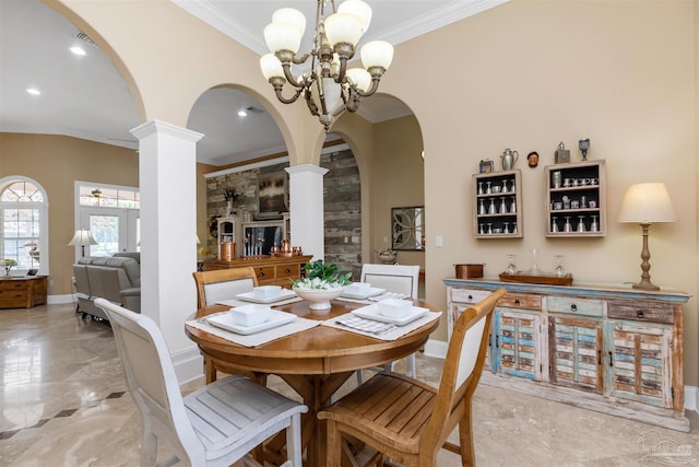 2792 Pga Blvd, Navarre, FL 32566 - dining area featuring ornate columns, arched walkways, light marble finish floors, ornamental molding, and a chandelier