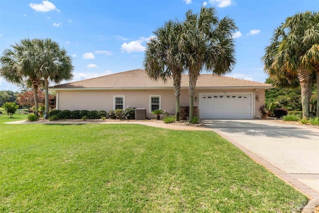 2792 Pga Blvd, Navarre, FL 32566 - ranch-style home featuring an attached garage, stucco siding, concrete driveway, cooling unit, and a front lawn