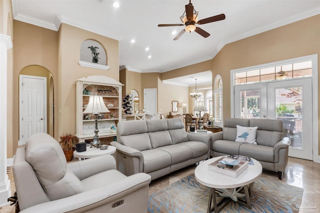 2792 Pga Blvd, Navarre, FL 32566 - living room with a ceiling fan, ornamental molding, recessed lighting, and a chandelier