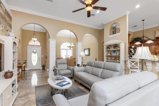 2792 Pga Blvd, Navarre, FL 32566 - living room with arched walkways, a ceiling fan, a chandelier, crown molding, and light marble finish flooring
