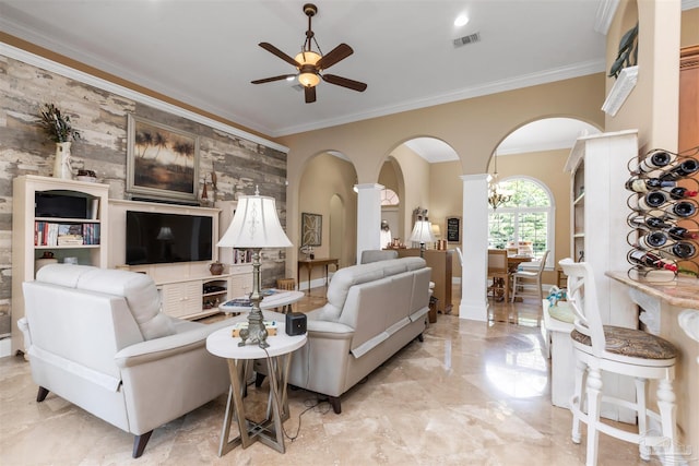 2792 Pga Blvd, Navarre, FL 32566 - living room with ceiling fan, decorative columns, arched walkways, ornamental molding, and light marble finish floors