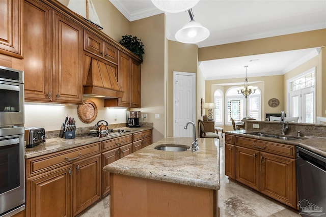 2792 Pga Blvd, Navarre, FL 32566 - kitchen featuring dishwashing machine, a sink, light stone counters, brown cabinetry, and ornamental molding
