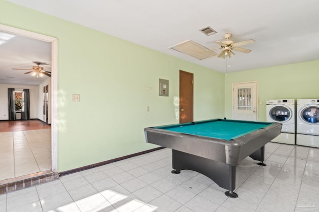 playroom with ceiling fan, washer and clothes dryer, billiards, and light tile patterned floors