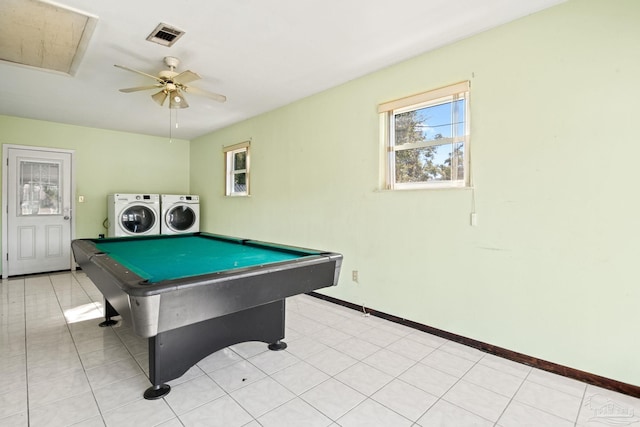 rec room featuring pool table, washing machine and dryer, light tile patterned floors, and ceiling fan