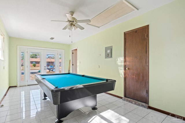 game room with ceiling fan, billiards, french doors, and light tile patterned flooring