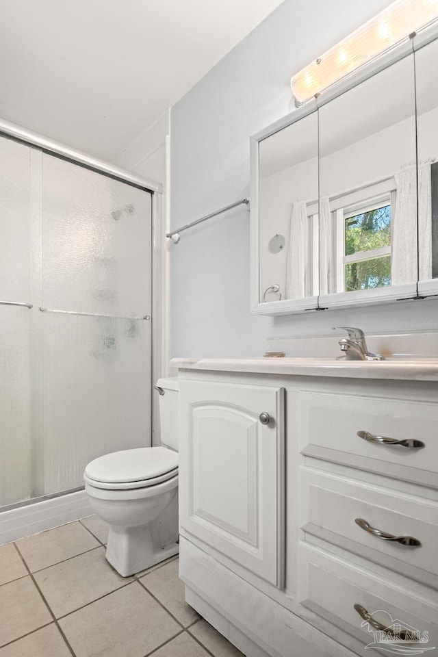 bathroom featuring an enclosed shower, toilet, tile patterned floors, and vanity