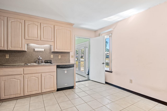 kitchen with dishwasher, light brown cabinets, tasteful backsplash, sink, and light tile patterned flooring