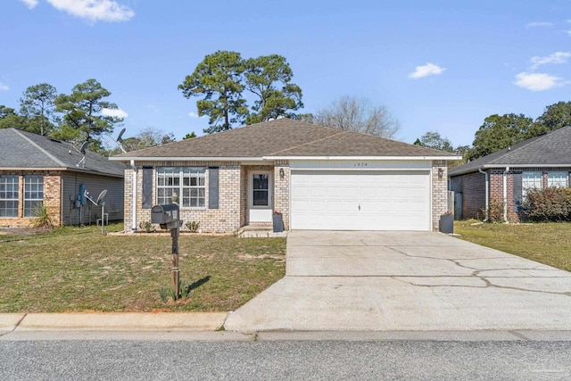 single story home featuring a garage, concrete driveway, brick siding, and a front yard