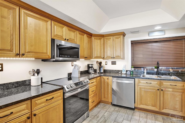 kitchen with dark stone countertops, sink, stainless steel appliances, and a tray ceiling