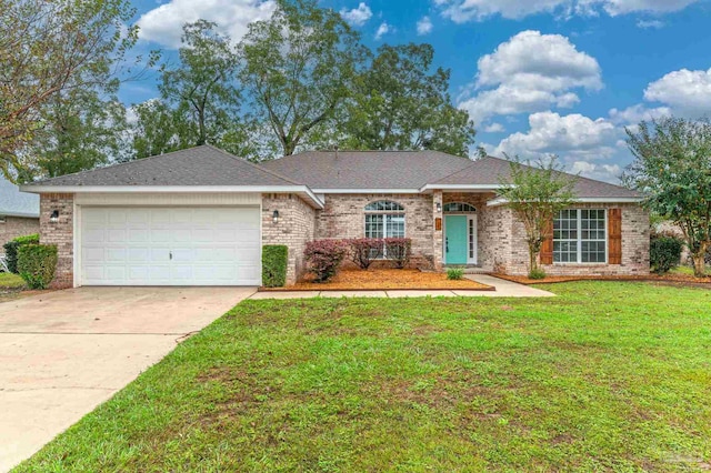 ranch-style house featuring a garage and a front yard