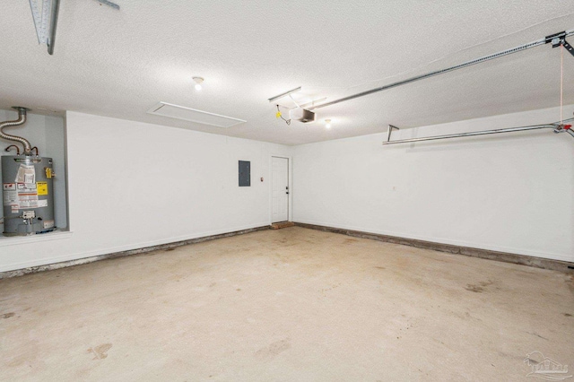 garage featuring a garage door opener, gas water heater, and electric panel