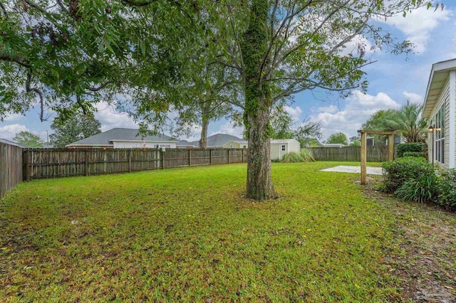 view of yard with a storage shed and a patio