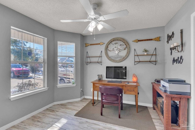 home office featuring a textured ceiling, ceiling fan, and light wood-type flooring