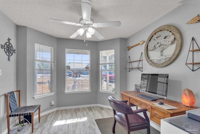 office space with a textured ceiling, light hardwood / wood-style flooring, and ceiling fan