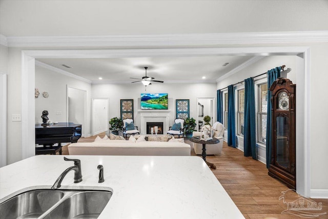 2219 River Birch Rd, Gulf Breeze, FL 32563 - kitchen with a sink, wood finished floors, a ceiling fan, recessed lighting, and a fireplace