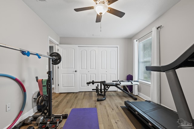 5613 Cane Syrup Cir, Pace, FL 32571 - workout room featuring a ceiling fan, light wood-type flooring, and baseboards