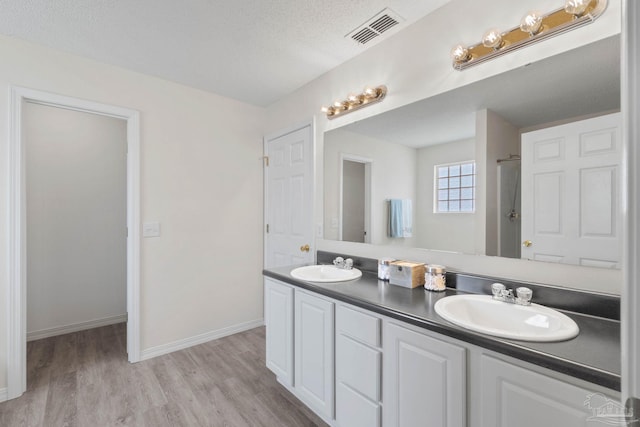 6742 Britt St, Navarre, FL 32566 - full bathroom featuring double vanity, wood finished floors, baseboards, and a textured ceiling