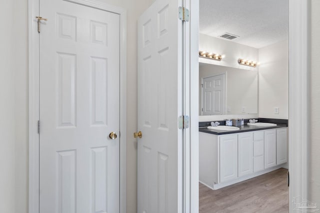 6742 Britt St, Navarre, FL 32566 - full bath featuring double vanity, a textured ceiling, and wood finished floors