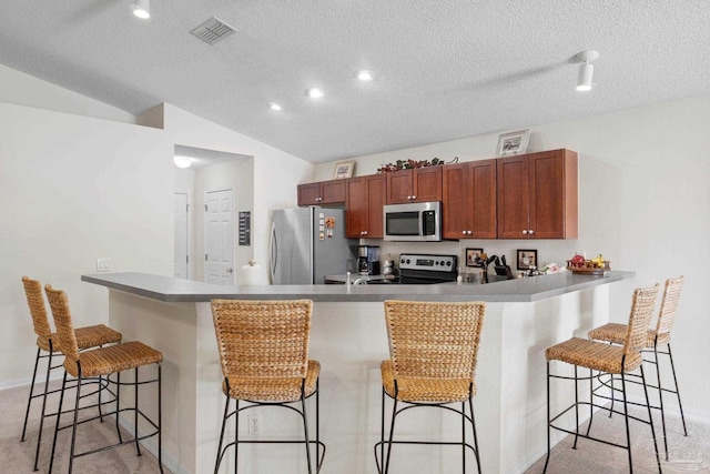 6742 Britt St, Navarre, FL 32566 - kitchen with appliances with stainless steel finishes, a textured ceiling, vaulted ceiling, a kitchen bar, and brown cabinetry