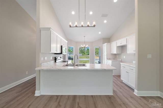 kitchen featuring white cabinets, sink, and pendant lighting