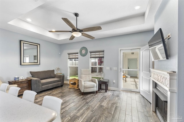 living area with a raised ceiling, wood finished floors, ceiling fan, recessed lighting, and a fireplace