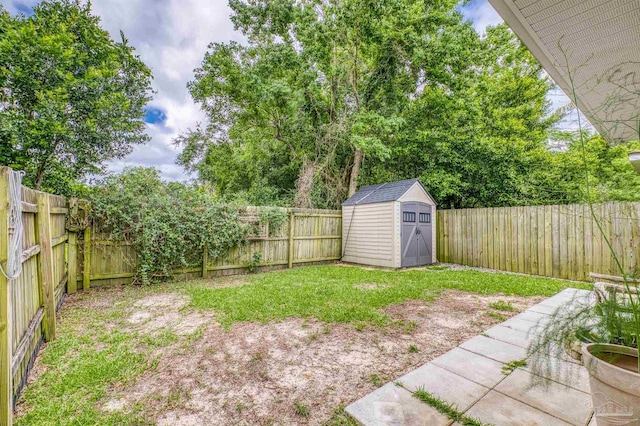 view of yard featuring a storage shed and an outdoor structure