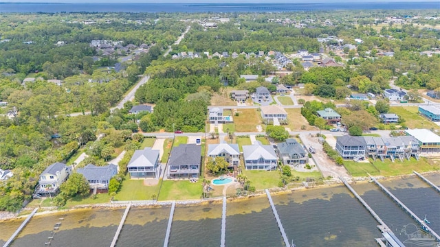 birds eye view of property featuring a water view and a residential view