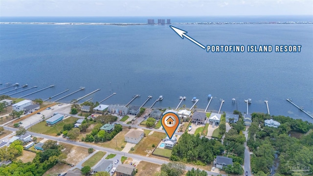birds eye view of property featuring a water view
