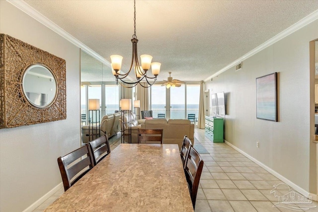 8499 Gulf Blvd Unit 1303, Navarre Beach, FL 32566 - dining room featuring ornamental molding, a chandelier, a textured ceiling, light tile patterned floors, and baseboards