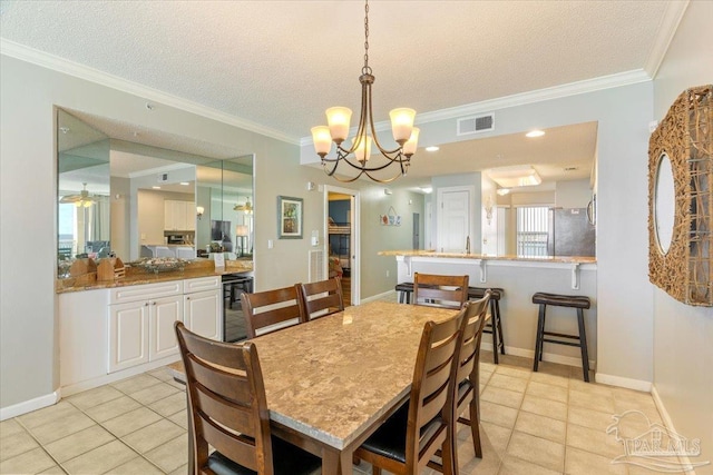 8499 Gulf Blvd Unit 1303, Navarre Beach, FL 32566 - dining area featuring beverage cooler, a textured ceiling, light tile patterned floors, a chandelier, and ornamental molding