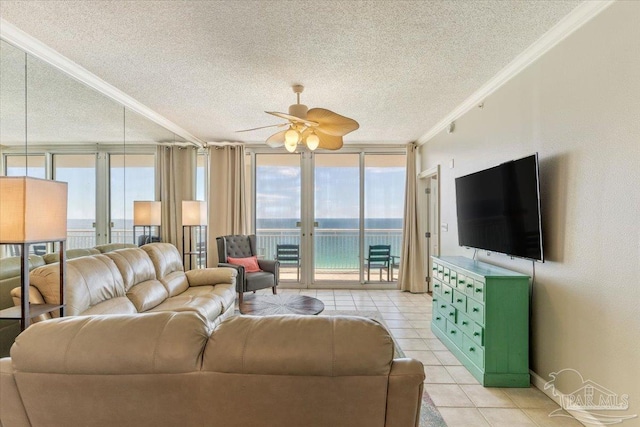 8499 Gulf Blvd Unit 1303, Navarre Beach, FL 32566 - living area with light tile patterned floors, a textured ceiling, ceiling fan, and crown molding