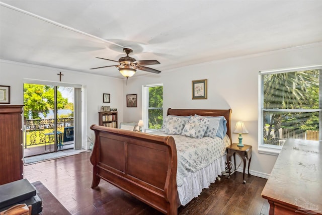 bedroom with dark wood-type flooring, ceiling fan, crown molding, and access to outside