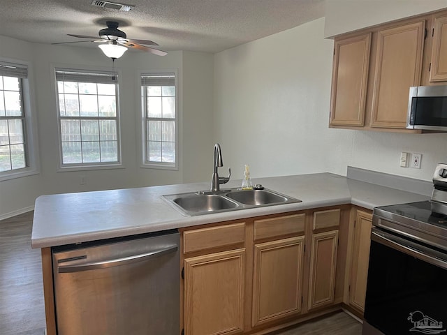 kitchen with wood-type flooring, appliances with stainless steel finishes, sink, and kitchen peninsula