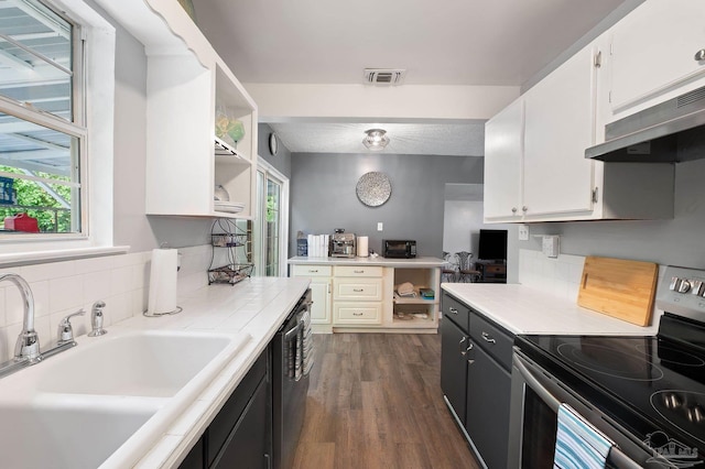 kitchen with sink, dark hardwood / wood-style floors, white cabinets, and stainless steel electric range oven