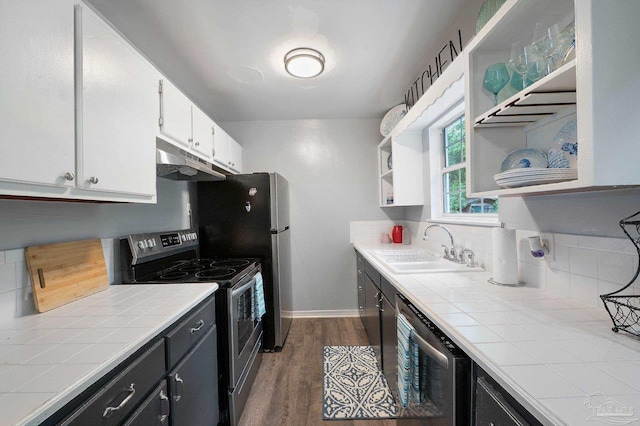 kitchen with dishwashing machine, sink, dark wood-type flooring, white cabinetry, and electric range